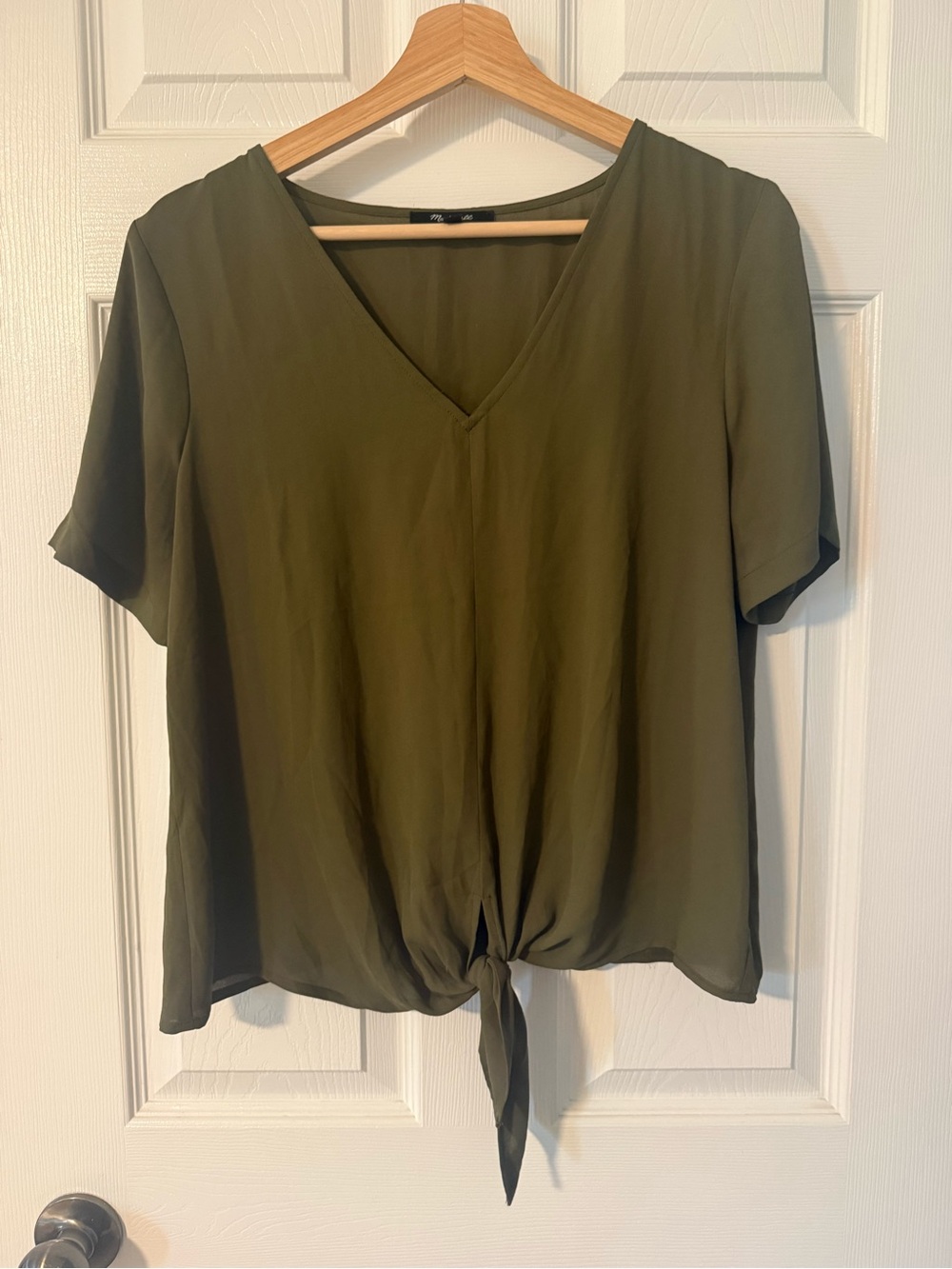 Madewell Olive Green V-Neck Tie Front Blouse